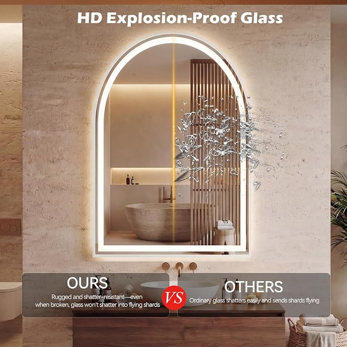 Sweetcrispy Arched LED Bathroom Mirror with Lights, Vanity Mirror, 28"x36" | Anti-Fog, Dimmable, 3-Color Light, Backlit, Memory Function, Tempered Glass