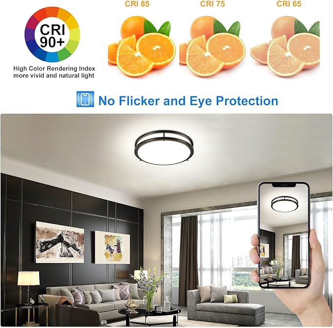 DLLT 2Pack Flush Mount LED Ceiling Light: 13 Inch 5CCT (3000K-6000K) & Dimmable Ceiling Light Fixtures for Bedroom Hallway - 24W Modern Black Super Bright Kitchen Lighting Fixtures Ceiling