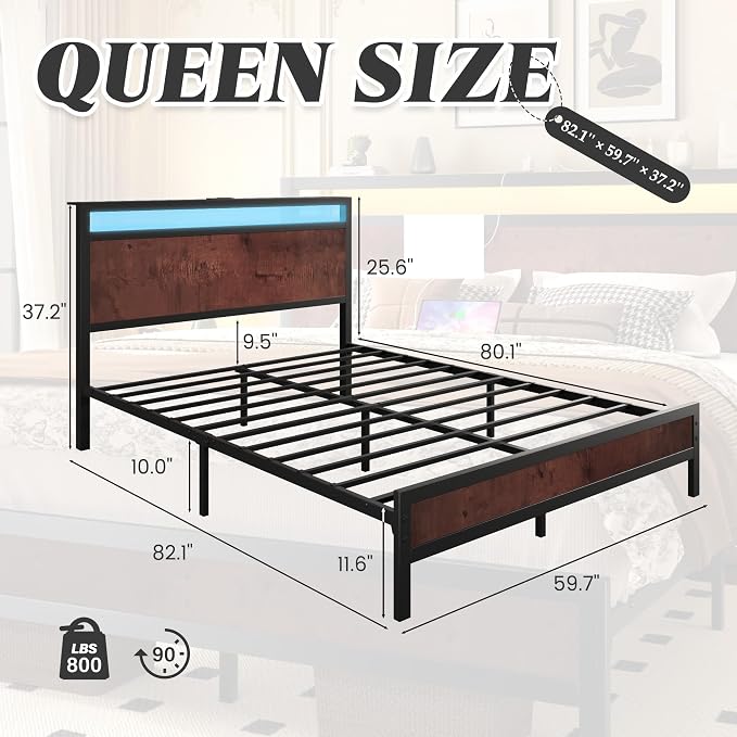 Fluest Queen Bed Frame with Headboard & Footboard, Bed Frame with Built-in Charging Station & LED Light, Storage Shelf, Noise-Free, No Box Spring Needed, Easy Assembly, Coffee Brown