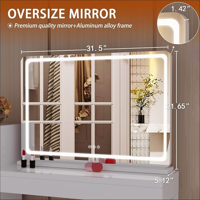Hasipu Vanity Mirror with Lights, 31.5" x 22.4" LED Makeup Mirror, Lighted Makeup Mirror with Dimmable 3 Modes