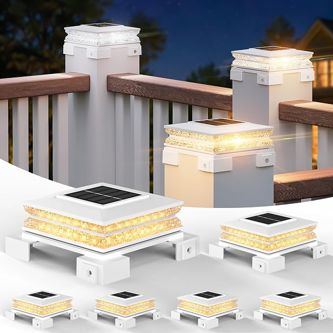 APONUO Solar Post Cap Lights Outdoor, 3 CCT & 2 Brightness Deck Post Lights Solar Powered for 4x4 5x5 6x6 Vinyl Wooden Posts, Waterproof Dusk to Dawn Fence Deck Lights for Patio Garden, White, 6-Pack