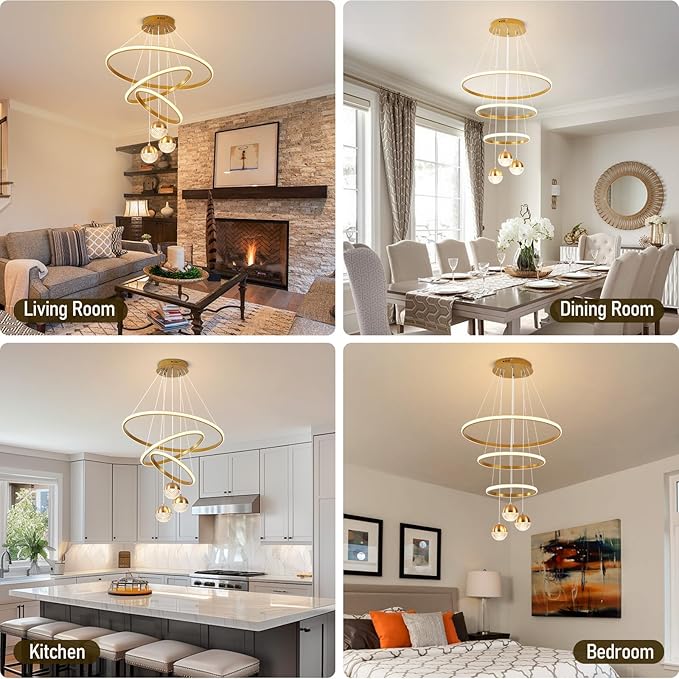 Modern Led Chandeliers 3-Color Dimmable Gold LED Chandelier Pendant Light with Remote Adjustable Hanging Pendant Light Fixture for Dining Room Living Room Bedroom Entryway