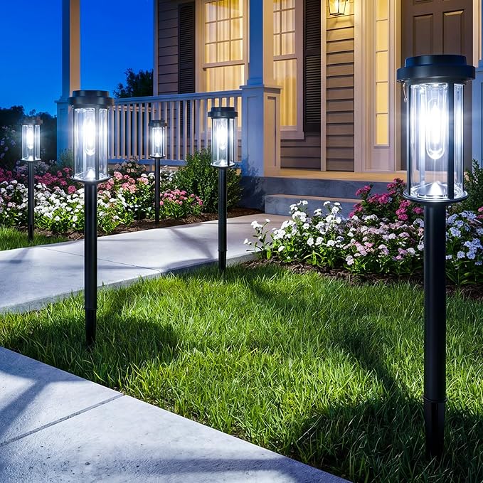 DERAYSION 12 Pack Solar Lights Outdoor, 21" Solar Pathway Lights Outdoor | Waterproof Bright Long-Lasting Auto On/Off Solar Powered Garden Lights for Path, Yard, Walkway, Driveway Decor, Cool White