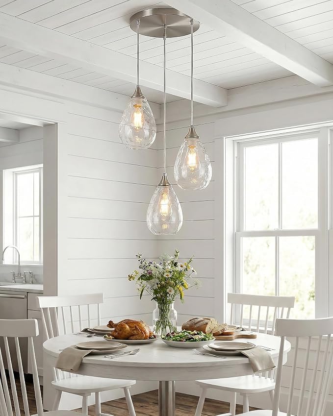 Brushed Nickel Dining Room Chandelier Light Fixture Over Table, Modern 3-Light Pendant Lighting with Hammered Glass, Cluster Hanging Lights for Kitchen Island Dining Room