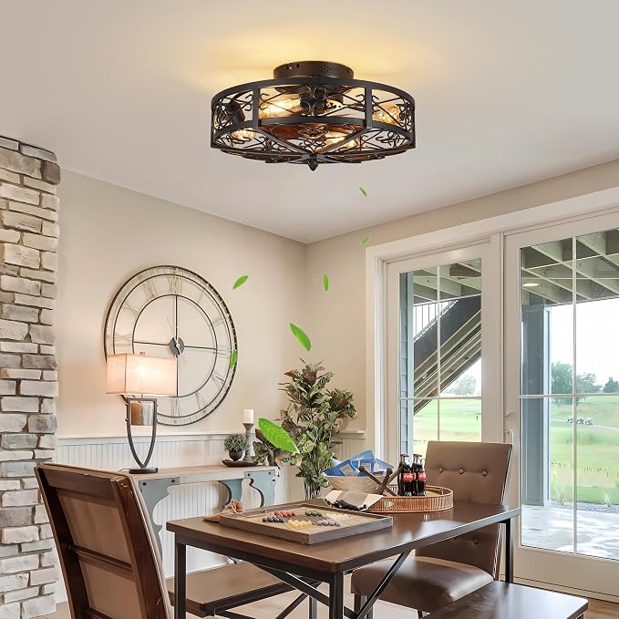 Rustic Black Caged Flush Mount Ceiling Fans with Lights and Remote Vintage Low Profile Bladeless Ceiling Fan, Reversible Motor, E26 Bulbs, 6 Speeds,for Farmhouse, Living Room, and Bedroom