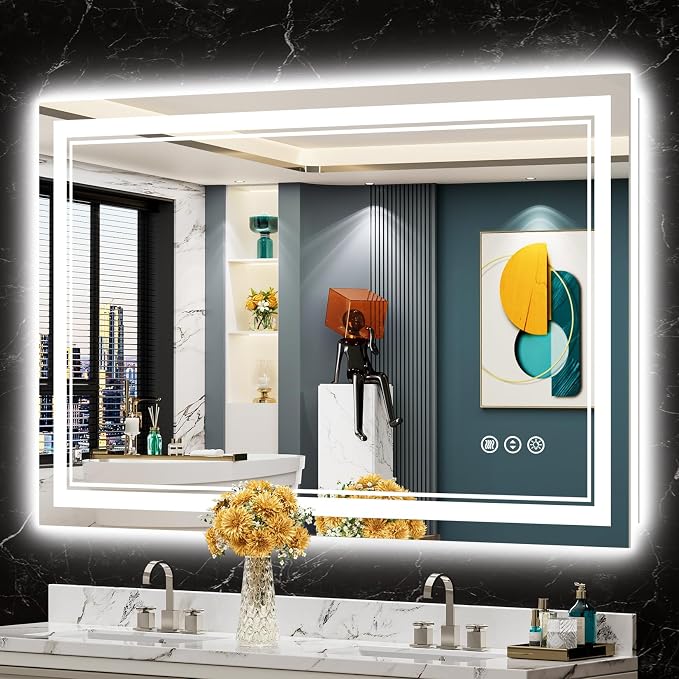48x30 LED Bathroom Mirror, Backlit & Front Lit Lighted Mirror | Anti-Fog Vanity Mirror with Lights, 3 Color Dimmable, Memory, HD Tempered Glass, CRI95, IP54, UL Listed, Horizontal/Vertical
