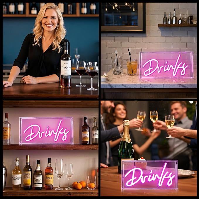 Drinks Neon Sign, Drinks Signs USB LED Desk Lightbox with ON/OFF Switch, Light Up Sign for Table Decor, Home Bar, Kitchen, Club, Pub, Restaurant Wall Decor & Bar Cart Accessories (Pink)