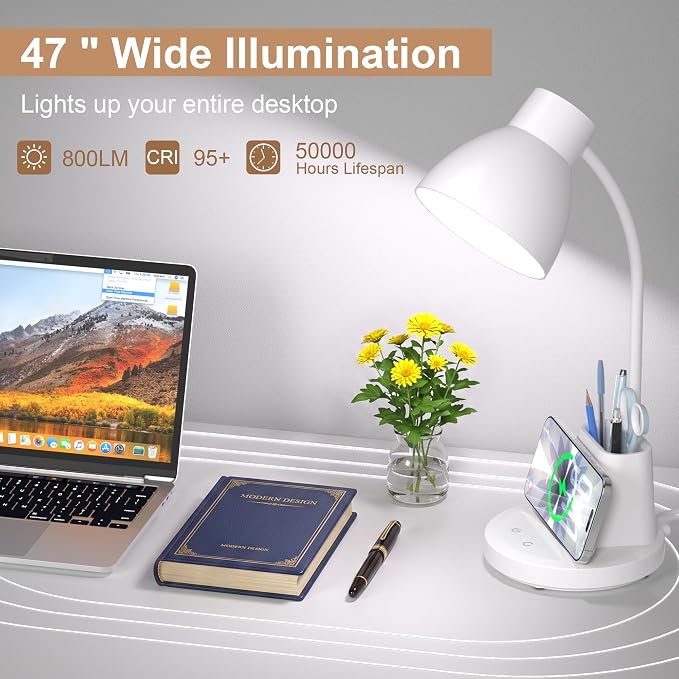 10W Wireless Charging LED Desk Lamp with Pen Holder, CRI 95, White | 800LM, 3 Modes, 360°Flexible Arm, Touch, Brightness, Table Lamp for Home Office, Dorm, Bedside, Study, Reading, with Adapter