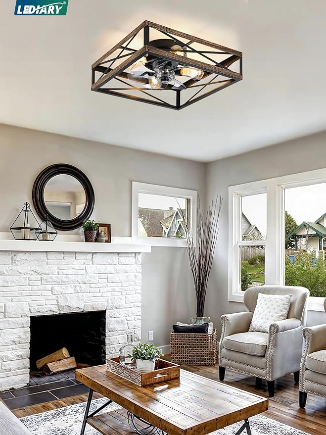 LEDIARY 20” Caged Flush Mount Ceiling Fans with Lights and Remote, Rustic Square Low Profile Ceiling Fan, 6 Speed and Reversible, Small Farmhouse Bladeless Ceiling Fan for Bedroom, Kitchen,Dining Room