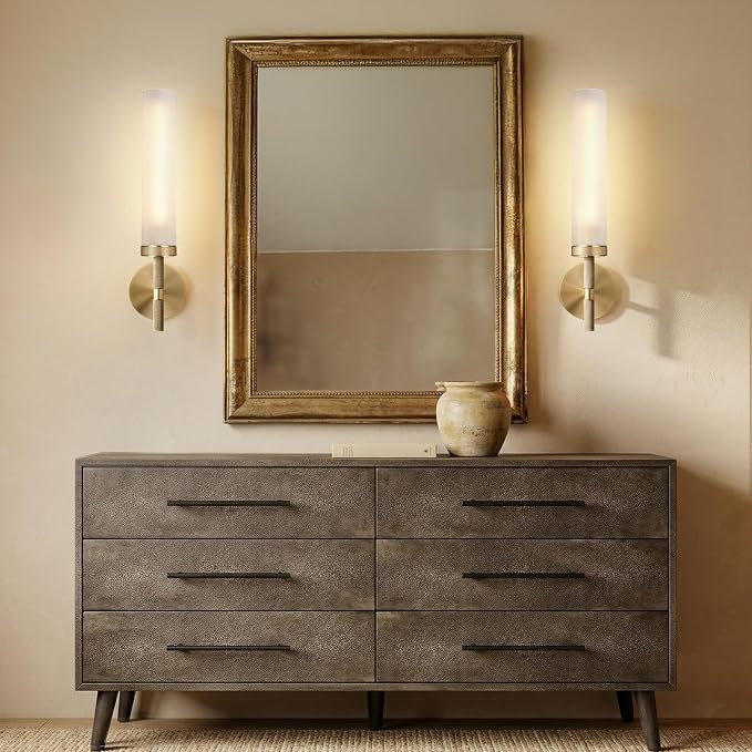 20" Knurled Brass Bathroom Wall Sconces,Frosted Glass Tube Brass Sconces Wall Lighting,Handmade Modern Hardwired Wall Sconce for Vanity,Mirror,Bedroom,Living Room,Hallway