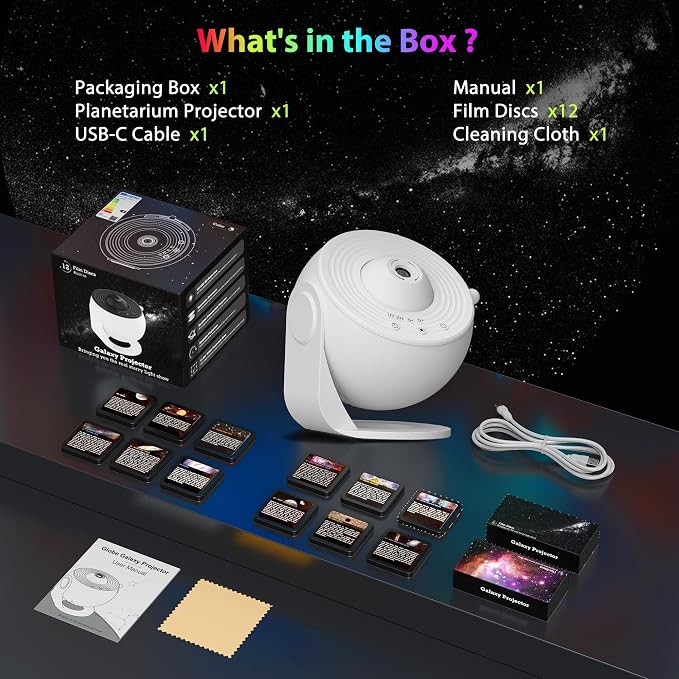 Galaxy Projector for Bedroom, HD Image Star Projector Galaxy Light Adjustable Knob, 13 Film Discs Planetarium Projector for Kids, 360° Rotating 1/2h Timer Simple 3-Button Control Pure White