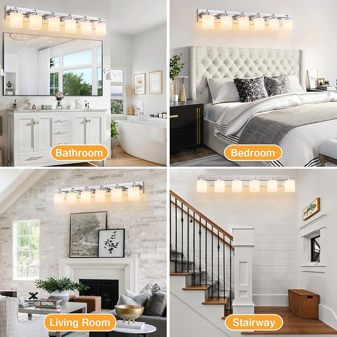 Modern Bathroom Light Fixtures Over Mirror, Vanity Lights for Bathroom Wall Sconces with Milky White Glass Shades, E26 Socket (Bulbs Not Included), 6 Light, Chrome