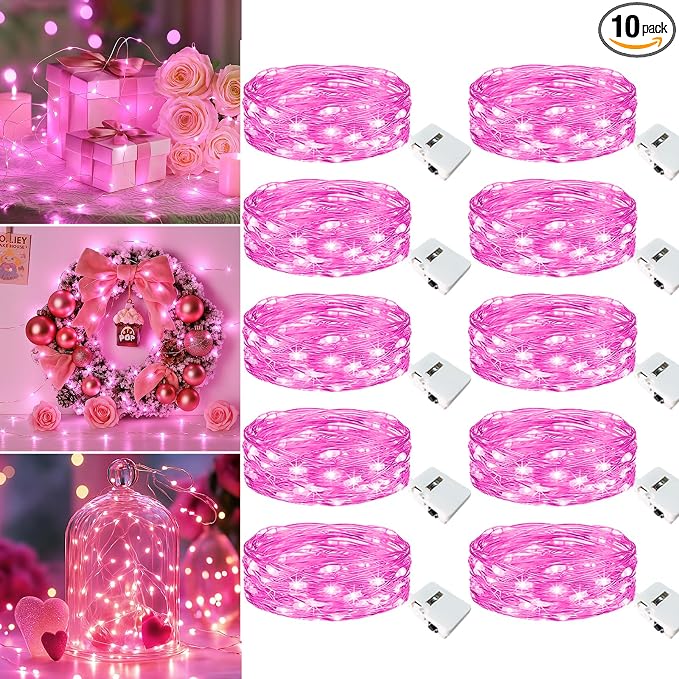 10 Pack Fairy Lights Battery Operated - 7ft 20 Led Twinkle Lights 3 Modes, Bulk Mini String Lights Waterproof for Mason Jars Vases DIY Party Wedding Mothers Day Decoration-Pink