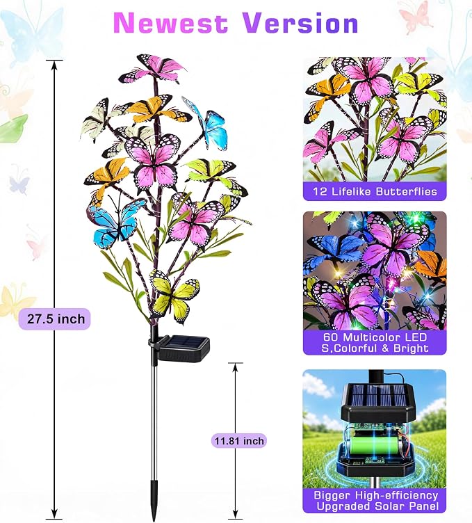 Solar Garden Lights Outdoor, 4 Pack 240 LED Butterfly Lights, Waterproof | 54 Colorful Butterflies and 240 LEDs Garden Decor, Waterproof Yard Decor for Patio and Lawn, Gift for Women and Mom