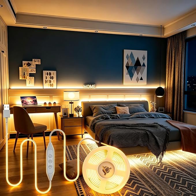 6FT USB COB LED Light Strip, Cuttable Behind TV Backlight, Bright Warm White 5V Strip Lights for Bedroom Kitchen, Small Short Dimmable LEDs Strips Under Bed Cabinet, Luces LED para TV Cocina Cuarto