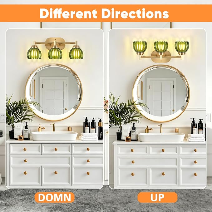 Bathroom Light Fixtures, 3-Light Brushed Gold Vanity Lights for Bathroom with Tulip Green Glass Shade, Bathroom Vanity Lighting Over Mirror, Gold Wall Lamps for Bedroom, Living Room, Hallway