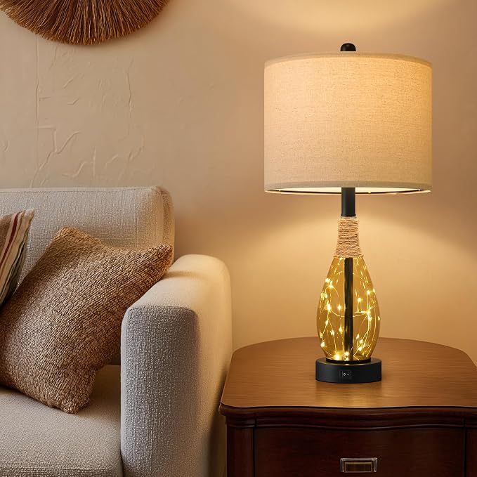 23" Table Lamps for Living Room Set of 2 Bedside Lamps for Night Stands Bedroom Lamps Farmhouse Rattan Boho Lamp Glass Nightlight End Table Lamp,Two Light Points