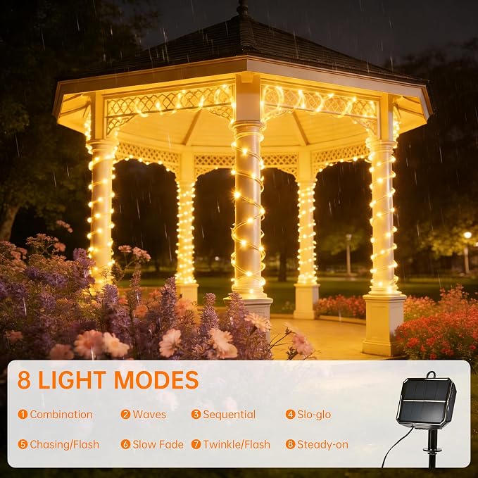 Solar Roep Lights for Outside, 2 Packs Total 66ft 200 LED Solar String Light with 8 Modes, Waterproof Solar Outdoor Light for Patio Garden Party Tree Proch Pool Holiday Xmas Decor-Warm White