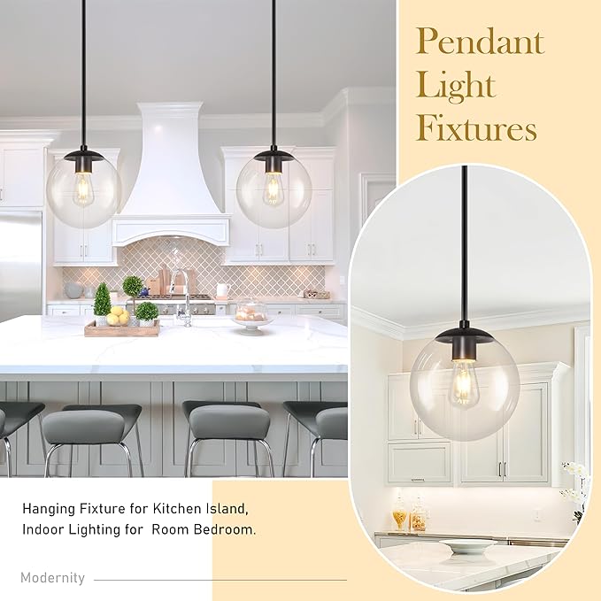 10" Globe Pendant Light Black 2 Pack Mid Century Pendant Light Globe Pendant Lights Kitchen Island Matte Black Finished with Clear Glass Adjustable Ceiling Light Fixtures for Dining Room Bar