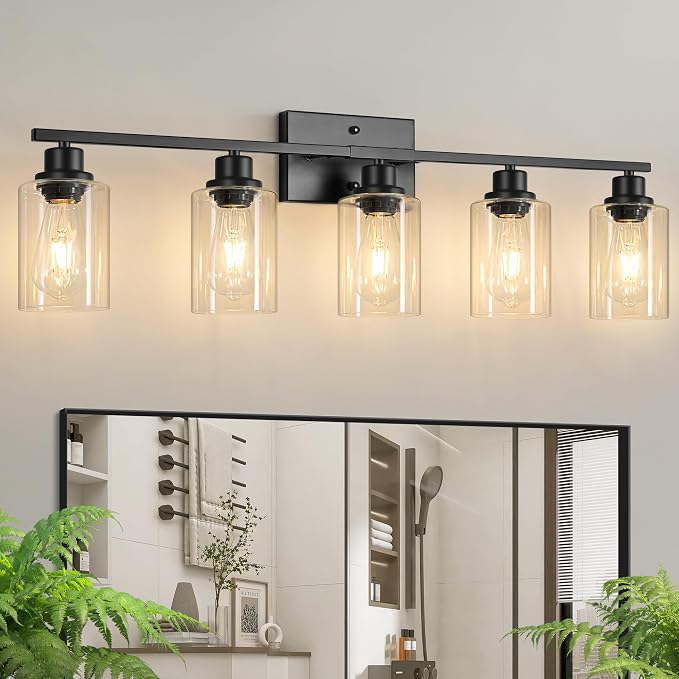 Ascher Bathroom Light Fixtures, 5-Light Vanity Light Over Mirror, Matte Black Wall Sconces with Clear Glass Shades, Wall Lamp for Living Room Bedroom, E26 Base(Bulbs Not Included)