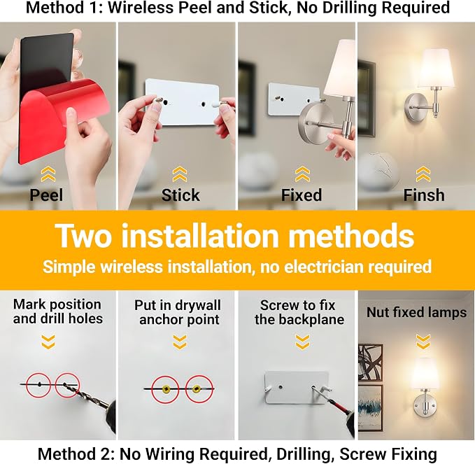Vimhou Peel and Stick Wall Sconces, Stick On Wall Sconce Set of 2, Battery Operated Wireless Wall Light, No Drill Adhesive Wall Lamp, Corn Bulb with 10000mAh Rechargeable Battery, Bedroom Wall Decor