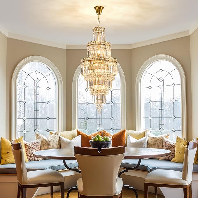 YYJLX Modern Crystal Chandelier 8 Light Long Chandelier for High Ceiling Luxury Gold Hanging Pendant Light for Dining Room Living Room Staircase Foyer Entryway