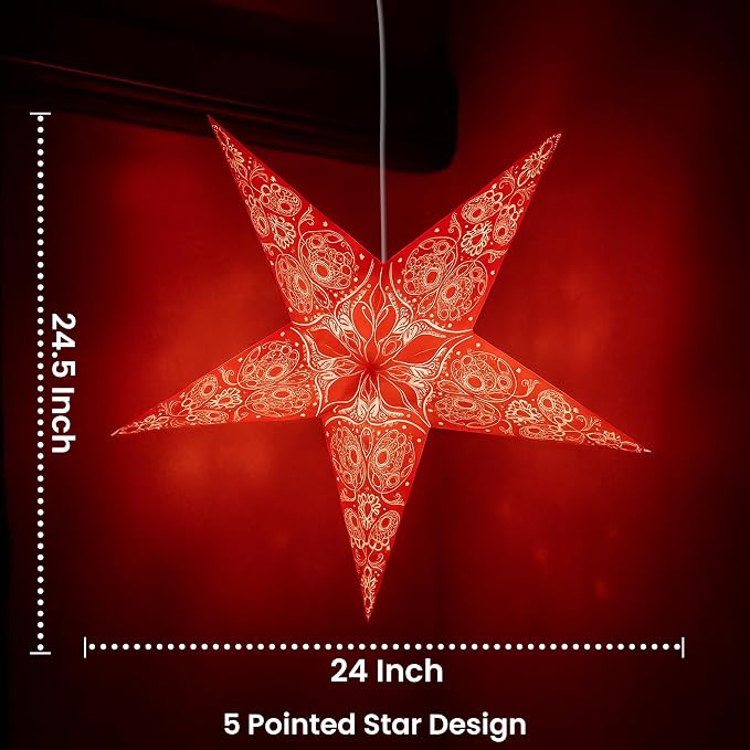 GalaxyArts Paper Star Lantern, 24-Inch Maharani Red, 3D 5-Point Hanging Light Up Lamp for Christmas, Diwali, Weddings, Parties, Birthday, Handmade Foldable Indoor Outdoor Ceiling Decoration