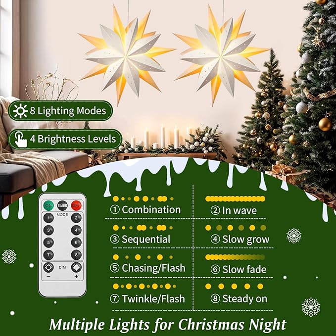 Lewondr Christmas Paper Star Lantern, 2PCS Hanging Star Lights with 8 Lighting Modes, 4 Levels Dimming, 6 Hour Timer Function, LED Paper Lanterns with Remote Control for Holiday Home Decoration