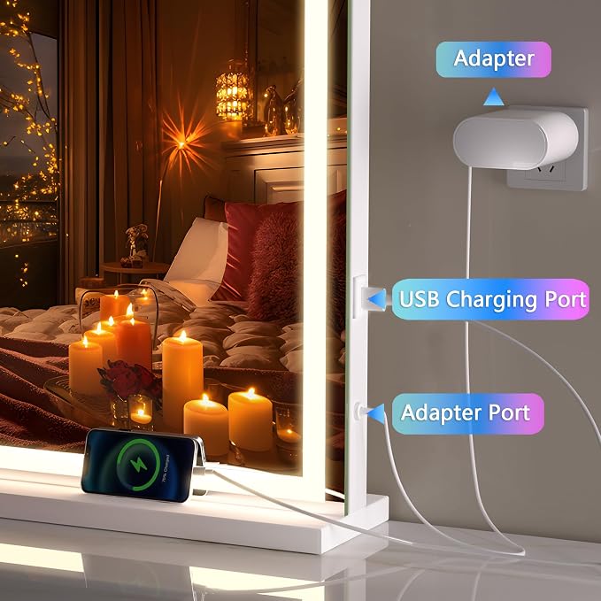 Hasipu Vanity Mirror with Lights and Bluetooth Speaker, 42" x 29.5" LED Makeup Mirror, Lighted Makeup Mirror with Dimmable 3 Modes, Touch Screen Control Vanity Mirror Square White