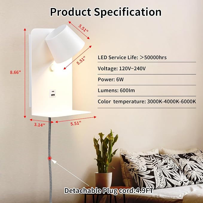 DEC LUCE DECOLUCE LIGHTING Modern LED Plug in Wall Sconce, Dimmable Wireless Wall Light Fixtures with Shelf and USB Port, 6W,600LM, Rotatable Small Reading Wall Lamp for Bedroom Bedside, White