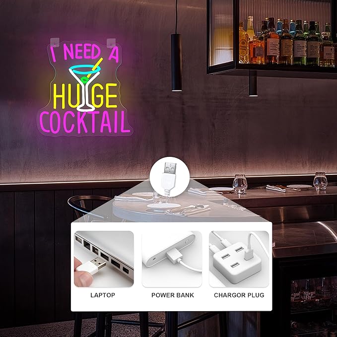 Cocktail Neon Sign I Need A Huge Cocktail Led Neon Lights, Bar Lights for Wall Decor, Colorful USB Light Up Sign Letter Neon Wall Decor for Gift Store Beer Bar Restaurant Man Cave Hotel Bedroom Window Cafe Bistro Club Party