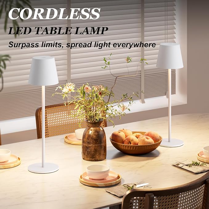 Kakanuo White Cordless Table Lamp Rechargeable - 2 Pack 5000mAH Battery Operated Lamp for Table, 3 Color Stepless Dimming Wireless Lamp for Kitchen Counter, Touch Control
