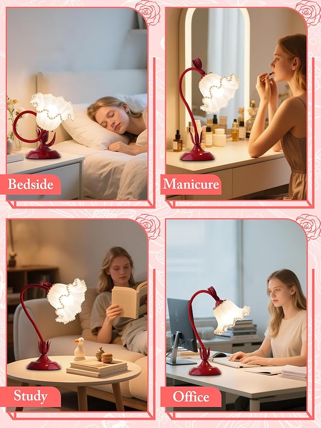 Flower Table Lamp,LED Reading Light Bedside Vintage Flower Night Light,3 Colors Modes Kawaii Bedside Lamps Decor,Living Room Bedroom Room Lighting Table Lamps Home Decoration (Red Pearls)