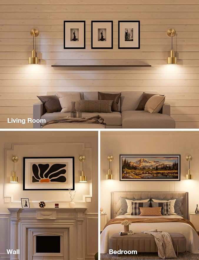 Battery Operated Wall Sconce Set of 2, Gold Wireless Rechargeable Wall Lights with 5200mAh Dimmable Detachable Bulbs and Remote, 9 Colors Sconces Wall Decor for Bedroom Living Room Hallway