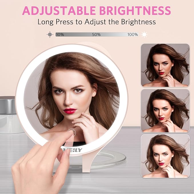 WEILY Magnifying Makeup Mirror 10X/1X, Travel Mirror with Light | Double Sided Rechargeable Mirror with 3 Color Lights for Makeup, Tweezing, Blackhead and Come Done Removal (Pink)
