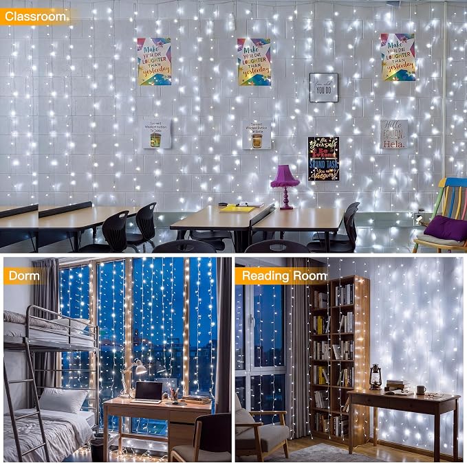 Ollny Curtain Lights 6.6x6.6ft, Plug in String Lights for Indoor Bedroom, 200 LED Connectable Fairy Light with Remote Timer 8 Modes, Waterproof Christmas Light for Outdoor Wedding, Cool White