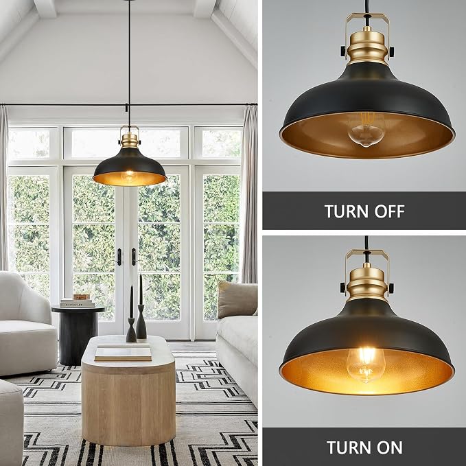 Black and Gold Pendant Lights Kitchen Island Fixtures | ETL Certificate,Industrial Adjustable Height Vintage Dome Hanging Light Fixtures for Barn,Dining Room 3 Pack