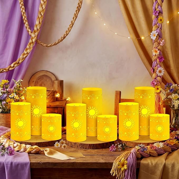 12 Pcs Princess Sun Lantern Centerpieces for Table 3 Size Gold Princess Birthday Cutout Paper Lantern Boxes with Tea Light Candle for Sun Birthday Baby Shower Decor(Cylindrical)