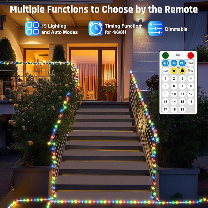 New Upgraded Solar Rope Lights Outdoor Waterproof 105ft 300 LED Solar String Lights with Remote Timer Dimmable 19 Modes Christmas Lights for Pool Yard Outside Patio Xmas Tree Decor (300LED-Multicolor)