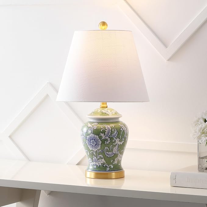 JONATHAN Y Penelope Ginger Jar 22" LED Table Lamp, Green/White | Chinoiserie, Ceramic Metal Construction, French Country Traditional, Linen Empire Shade, Brass Gold, LED Bulb Included