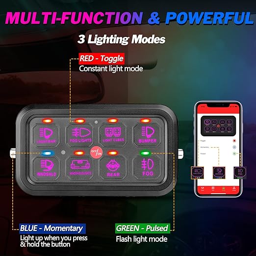 RGB 8 Gang Switch Panel Bluetooth 8 Switch Pods Relay System Box Multifunction 3 Modes Toggle Momentary Pulsed Dimmable Touch Switches for Trucks RV Boat Off Road ATV UTV SUV RZR Boat
