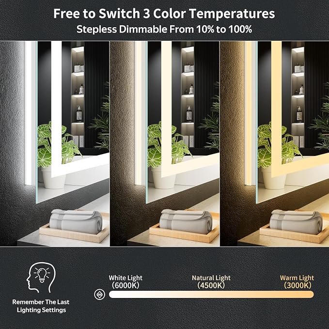 28"x20" LED Bathroom Mirror with Lights, Backlit+Frontlit, Anti-Fog | CRI 95, Stepless Dimmable, 3 Colors Lighting, Shatterproof Tempered Glass, HD Reflection, Memory, (Horizontal/Vertical)