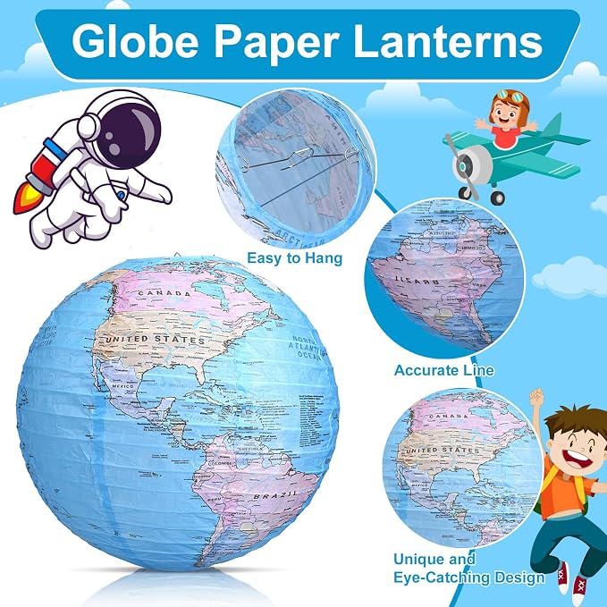 Globe Hanging Paper Lanterns, Around The World Earth Day Decorations, Travel Themed Paper Lanterns for Classroom Decorations Travel Party Decorations (12 inch, 6pcs)