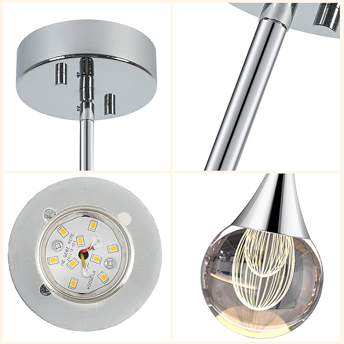 2-Pendant Lights Kitchen Island, Silver Crystal Globe Ceiling Hanging Light Fxitures, LED Light Fixtures Metal Rod Ceiling Glass Pendant Lighting for Kitchen Island Dining Room Bar