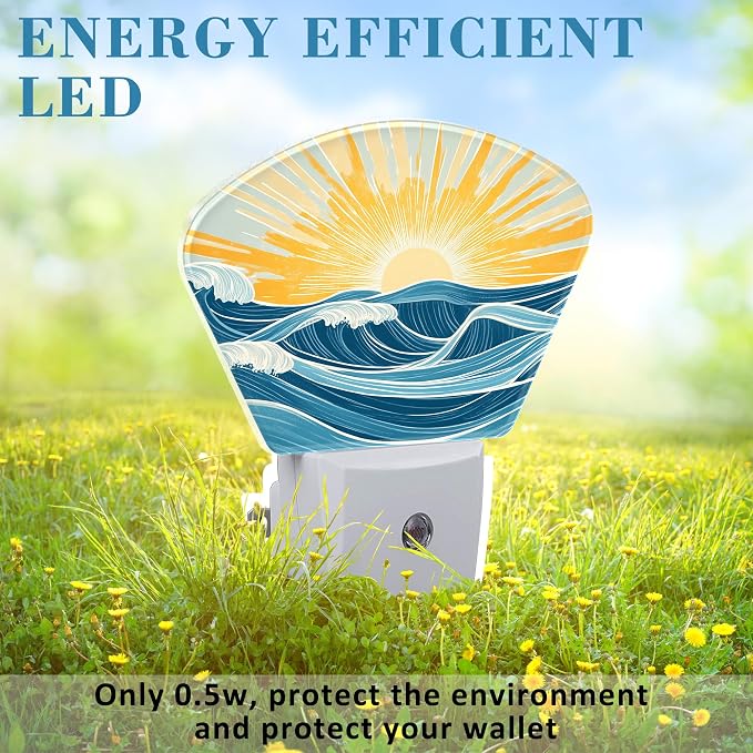 Sunrise Over The Sea Night Light Waves and Sun Nightlight Plug into Wall with Dusk to Dawn Sensor for Kid Girls Boys Women Men Room, Hallway, Kitchen, Bathroom, Stairs Decor