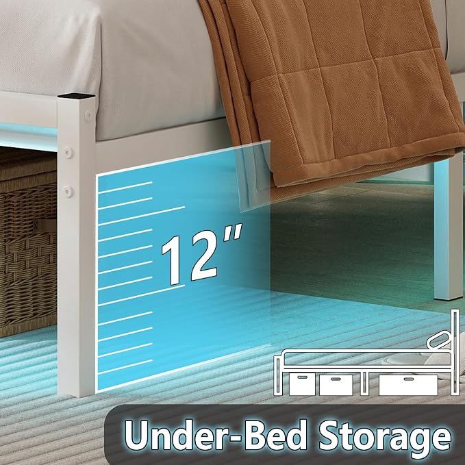 CLIBFENG Twin Bed Frame with Headboard,Heavy Duty Steel Slats Support-LED Bed Frame with USB Charging Station,Mattress Foundation-Under Bed Storage,No Box Spring Needed,Noise Free,White
