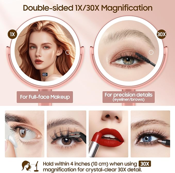 Makeup Magnifying Mirror with Light 30X/1X, Digital Display, 2-Sided Touch Control, Makeup Mirror with 3 Color Lights,360° Rotate, Height Adjustable Lighted Magnifying Mirrors for Desk Travel