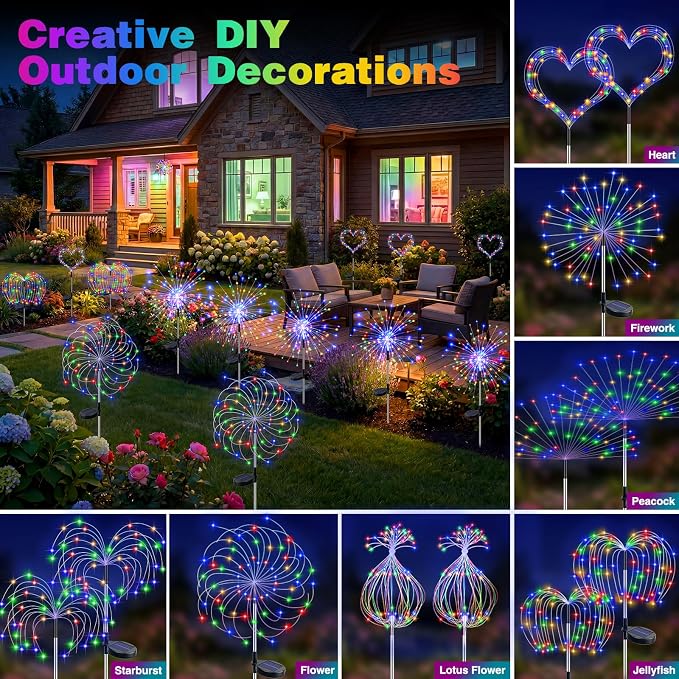 btfarm 8 Pack Solar Garden Lights Outdoor, 8 Modes Firework Lights Outside | 120LED, Waterproof Fairy Twinkle Light Solar Powered for Yard Christmas Pathway Lawn Pool Patio Decorative, Multicolor