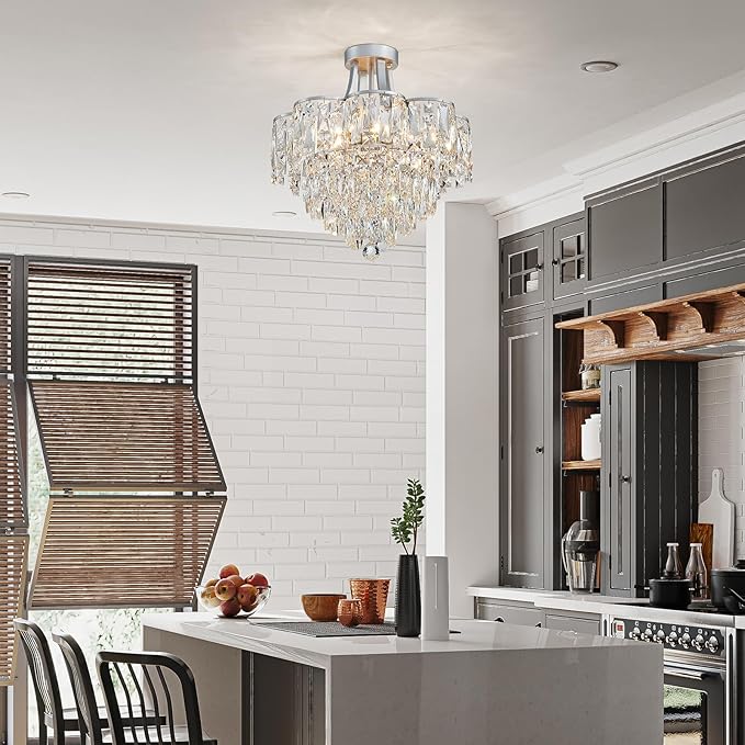 WUZUPS Crystal Chandelier Semi-Flushmount Ceiling Light Modern Lighting Fixture for Bedroom Hallway Entry Kitchen Bathroom, H 19.3" x W 18.3", E12 Base, Silver