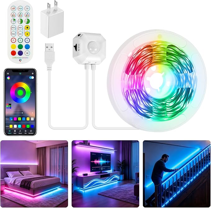 Motion Sensor LED Light Strip RGB 19.7Ft for Bed Stair,Remote & App Control | Motion Activated LED Strip Lights Color Changing Under Bed Night Lighting Indoor, Music Sync, USB Powered for Bedroom Kitchen
